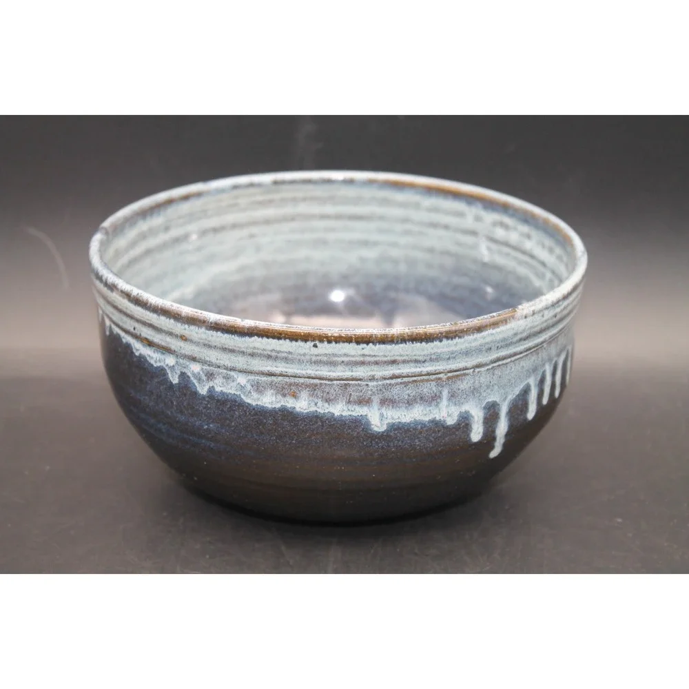 Signed Studio Art Pottery Bowl Blue Brown Drip Glaze 7.5